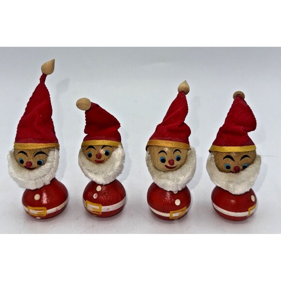 Vintage Wooden Bobble Head Fur Beard Santa Clause Card/Place Holders Set Of 4 - Picture 1 of 12